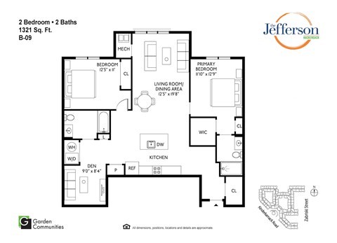 Floor plan for 2 beds, 2 baths, 1321 sqft